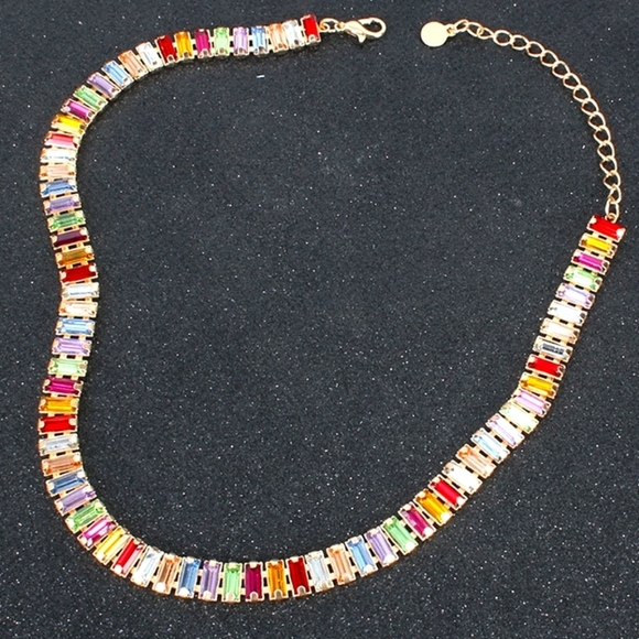 Gold Baguette Multicolor Rhinestone Choker Earrings Bracelet Matching Set 18k - Picture 8 of 13